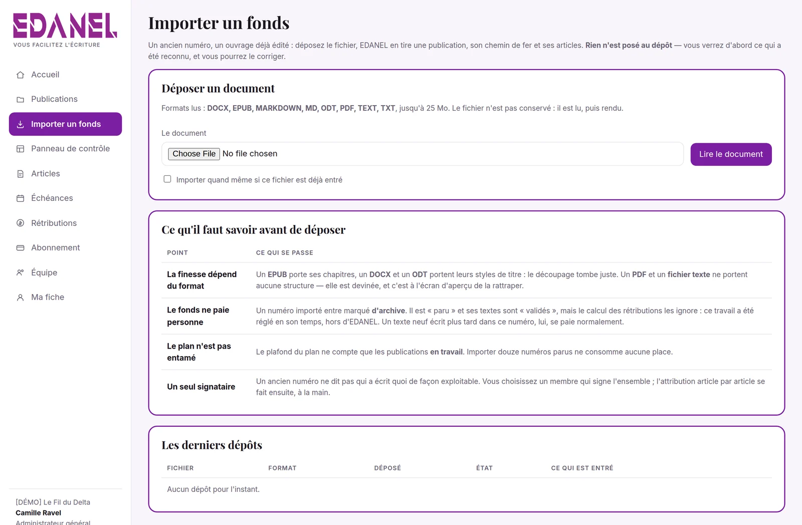 Le dépôt d’un fonds, son aperçu corrigeable, puis la confirmation.